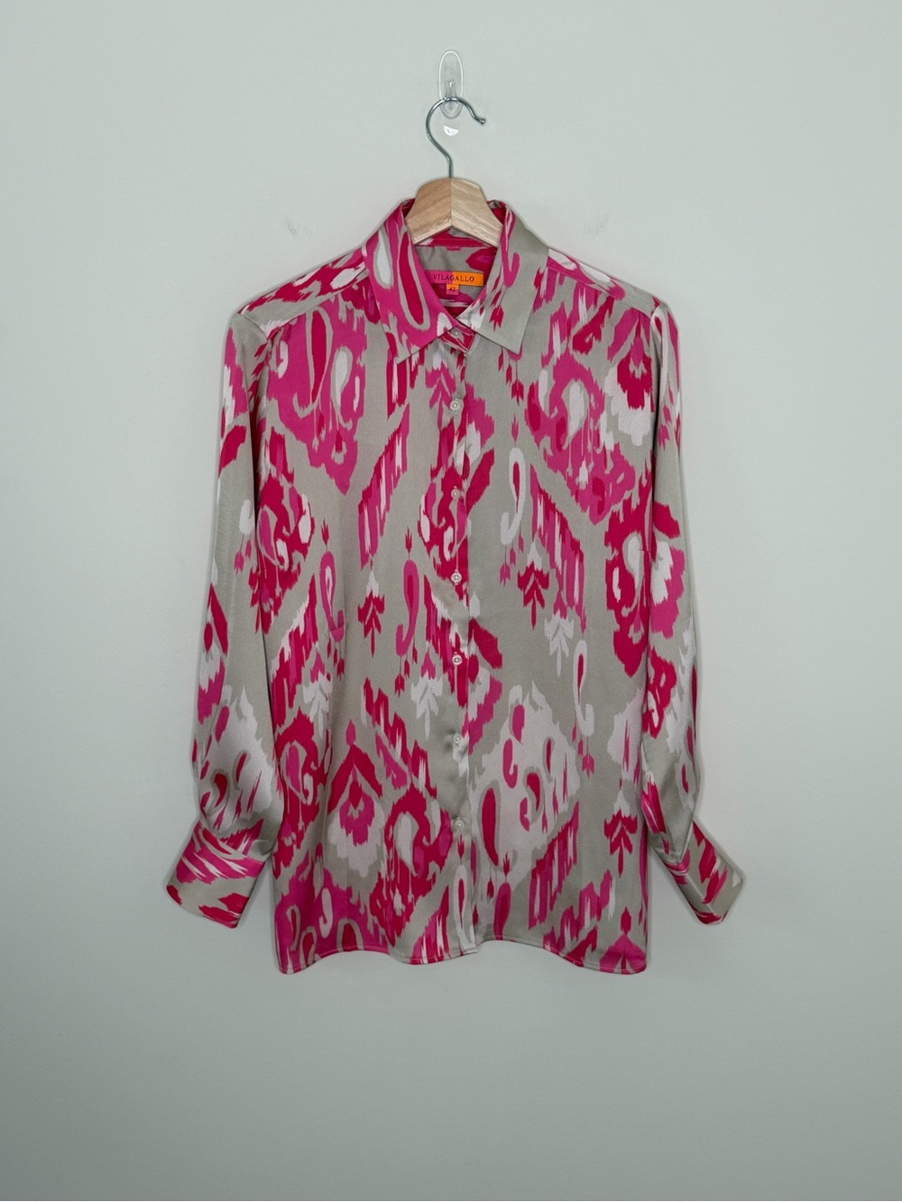 Vilagallo Rosa Fresa Ikat Print Tunic Button Down Shirt Pink Tan Size Large - Picture 2 of 11